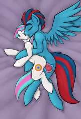 Size: 1050x1550 | Tagged: abdominal bulge, artist:bluebender, bed, bedsheets, commission, crotch bulge, cuddling, cutie mark, derpibooru import, explicit, female, loving tender sex, male, moaning, oc, oc:andrew swiftwing, oc x oc, penetration, romantic, sex, shipping, sideways, softcore, spooning, straight, unofficial characters only, vaginal, wings