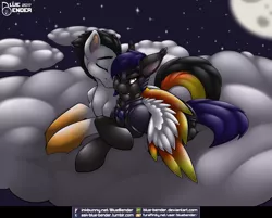 Size: 2300x1850 | Tagged: safe, artist:bluebender, derpibooru import, oc, oc:mavy, oc:tenebrosity, bat pony, pegasus, pony, bat pony oc, cloud, commission, cute, fangs, hug, moon, moonlight, night, nuzzling, royal guard, royal guard armor, stars, tenerick, winghug, wings