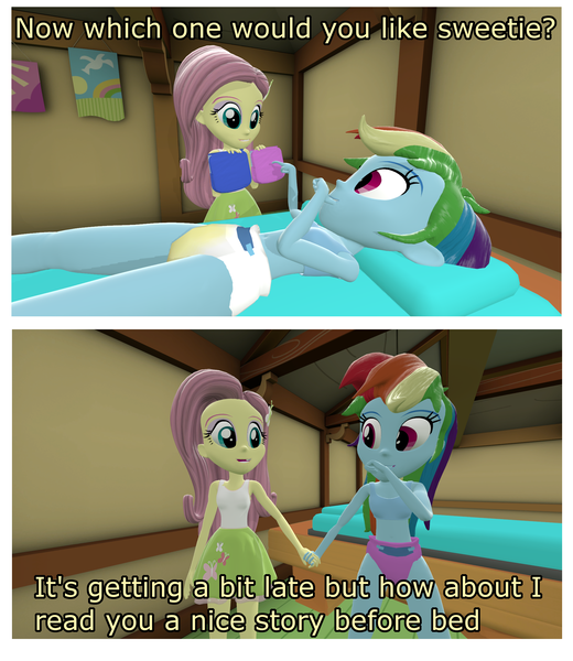 Size: 2000x2306 | Tagged: questionable, artist:mrdoctorderpy, derpibooru import, fluttershy, rainbow dash, equestria girls, 2 panel comic, 3d, abdl, baby bottle, blue, bra, breasts, caretaker, clothes, comic, dialogue, diaper, diaper change, diaper fetish, fetish, holding hands, pink, source filmmaker, television, thumb sucking, underwear, urine, wet diaper