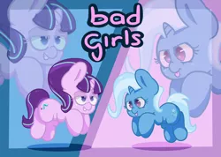 Size: 1966x1400 | Tagged: safe, artist:lou, derpibooru import, starlight glimmer, trixie, unicorn, bad girl, badass adorable, chibi, cute, duo, duo female, female, floating, grin, smiling, tongue out, zoom layer