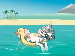 Size: 1077x813 | Tagged: safe, artist:el-yeguero, derpibooru import, nurse redheart, earth pony, pony, beach, floaty, hat, looking at you, old cutie mark, paper hat, pool toy, solo, sunglasses, water