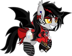 Size: 1591x1233 | Tagged: safe, artist:lightningbolt, derpibooru import, oc, oc:lightning dee, unofficial characters only, bat pony, pony, .svg available, bat wings, bow, bring me the horizon, choker, clandestine industries, clothes, colored sclera, dyed mane, ear bow, ear fluff, ear piercing, earbuds, earring, emo, eyeliner, eyeshadow, fangs, female, fingerless gloves, flying, frnkiero andthe cellabration, gloves, grin, hoodie, hoof hold, jewelry, makeup, mare, messy mane, minecraft, mobile phone, necklace, nose piercing, panic! at the disco, phone, piercing, race swap, simple background, sleeping with sirens, slit eyes, smartphone, smiling, socks, solo, spiked choker, spiked wristband, striped socks, svg, tail bow, transparent background, vector, wristband