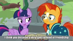 Size: 960x540 | Tagged: safe, derpibooru import, edit, edited screencap, screencap, sunburst, twilight sparkle, twilight sparkle (alicorn), alicorn, pony, unicorn, shadow play, caption, female, image macro, male, mare, meme, out of context, ponehenge, shipping, stallion, starswirl's book, straight, twiburst