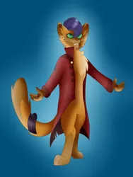 Size: 1024x1365 | Tagged: abyssinian, anthro, artist:mlp-zap-apple, blue background, capper dapperpaws, cat, chest fluff, clothes, coat, derpibooru import, digitigrade anthro, male, my little pony: the movie, safe, simple background, solo