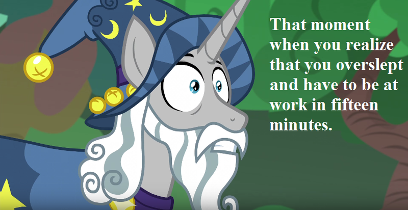 Size: 854x440 | Tagged: safe, derpibooru import, edit, edited screencap, screencap, star swirl the bearded, pony, unicorn, season 7, shadow play, bells, cloak, clothes, cropped, frown, gritted teeth, hat, late, male, oh crap face, ponehenge, shocked, shrunken pupils, solo, stallion, text, wide eyes