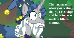 Size: 854x440 | Tagged: safe, derpibooru import, edit, edited screencap, screencap, star swirl the bearded, pony, unicorn, season 7, shadow play, bells, cloak, clothes, cropped, frown, gritted teeth, hat, late, male, oh crap face, ponehenge, shocked, shrunken pupils, solo, stallion, text, wide eyes