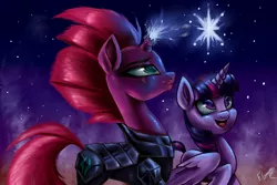 Size: 1500x1000 | Tagged: safe, artist:vanezaescobedo, derpibooru import, tempest shadow, twilight sparkle, twilight sparkle (alicorn), alicorn, pony, unicorn, my little pony: the movie, armor, broken horn, duo, eye scar, horn, magic, night, scar, smiling, sparking horn, stars, wings