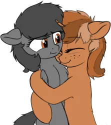 Size: 1562x1757 | Tagged: safe, artist:zippysqrl, derpibooru import, oc, oc:charcoal, oc:sign, unofficial characters only, pegasus, pony, unicorn, :t, chest fluff, cute, duo, eyes closed, female, freckles, hug, mare, simple background, smiling, transparent background
