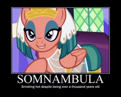 Size: 750x600 | Tagged: safe, derpibooru import, somnambula, pegasus, pony, shadow play, bedroom eyes, demotivational poster, female, lidded eyes, mare, meme, motivational poster, sexy, smiling