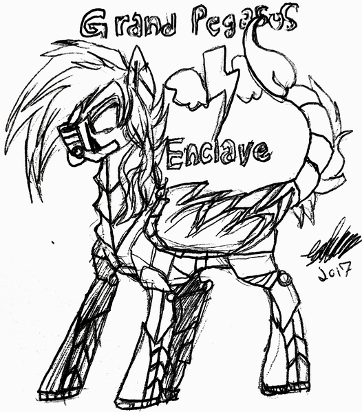 Size: 2592x2956 | Tagged: safe, artist:brainiac, derpibooru import, oc, oc:liftan drift, unofficial characters only, pegasus, pony, fallout equestria, armor, black and white, enclave, enclave armor, female, grand pegasus enclave, grayscale, inktober, inktober 2017, mare, monochrome, power armor, respirator, simple background, solo, traditional art, white background