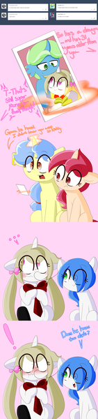 Size: 2000x8500 | Tagged: artist:fullmetalpikmin, blushing, comic, curved horn, derpibooru import, dialogue, embarrassed, glowing horn, looking away, magic, oc, oc:bonfire, oc:cherry blossom, oc:mal, oc:poppy seed, oc:viewing pleasure, oc x oc, open mouth, pink background, questionable, shipping, simple background, smiling, telekinesis, tumblr, tumblr:ask viewing pleasure, unofficial characters only, vulgar, wavy mouth