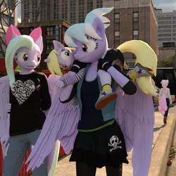 Size: 2000x2000 | Tagged: safe, artist:tahublade7, derpibooru import, cloudchaser, dinky hooves, flitter, twinkleshine, anthro, pegasus, plantigrade anthro, unicorn, 3d, bow, bus, carrying, city, clothes, daz studio, fingerless gloves, gloves, heart, hotel, jeans, panties, pants, polka dot underwear, shirt, shoes, skirt, skirt lift, skull and crossbones, sneakers, story included, striped sweater, sweater, t-shirt, underwear, upskirt, white underwear