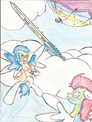 Size: 1660x2200 | Tagged: safe, artist:wyren367, derpibooru import, oc, oc:friesian fighter pegasus, unofficial characters only, pegasus, pony, airship, blue background, clothes, cloud, combat, flying, friesian airship, goggles, simple background, spread wings, traditional art, wings, wonderbolts, zeppelin