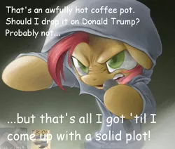 Size: 612x520 | Tagged: safe, artist:rouletteobsidian, derpibooru import, edit, babs seed, pony, babs the rapper, clothes, comic sans, donald trump, eminem, exploitable meme, female, filly, hoodie, image macro, joke, meme, plot, politics, rap, solo, song reference