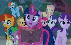 Size: 2161x1376 | Tagged: safe, derpibooru import, screencap, applejack, fluttershy, pinkie pie, rainbow dash, rarity, spike, starlight glimmer, sunburst, twilight sparkle, twilight sparkle (alicorn), alicorn, dragon, earth pony, pegasus, pony, unicorn, shadow play, book, female, glasses, magic, magic aura, mane six, mare, smiling, starswirl's book, telekinesis, worried