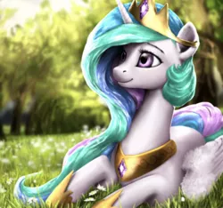 Size: 1508x1410 | Tagged: safe, artist:rossignolet, derpibooru import, princess celestia, alicorn, pony, beautiful, crown, cute, cutelestia, female, flower, grass, hoof shoes, jewelry, mare, prone, regalia, scenery, smiling, solo, tree