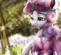 Size: 1166x1055 | Tagged: dead source, safe, artist:rossignolet, derpibooru import, sweetie belle, pony, unicorn, clothes, dress, female, filly, floral head wreath, flower, raised hoof, smiling, solo