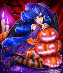 Size: 1000x1159 | Tagged: suggestive, artist:racoonsan, derpibooru import, nightmare moon, human, bare shoulders, clothes, ear piercing, earring, fangs, female, halloween, hat, high heels, holiday, horned humanization, humanized, jack-o-lantern, jewelry, looking at you, open mouth, piercing, pumpkin, shoes, skirt, socks, solo, solo female, striped socks, thigh highs, tongue out, winged humanization, wings, witch, witch hat, zettai ryouiki
