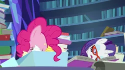 Size: 1920x1080 | Tagged: asleep on the job, book, derpibooru import, pinkie pie, rarity, safe, screencap, shadow play, sleeping