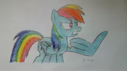 Size: 4128x2322 | Tagged: angry, artist:bender-drede, derpibooru import, feather fingers, parental glideance, rainbow dash, safe, solo, traditional art, wing hands