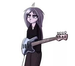 Size: 918x805 | Tagged: safe, artist:mayde-m, deleted from derpibooru, derpibooru import, aria blaze, equestria girls, alternate hairstyle, bass guitar, clothes, female, loose hair, musical instrument, simple background, solo, white background