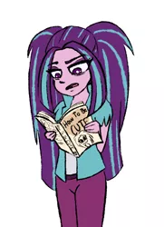 Size: 652x899 | Tagged: safe, artist:mayde-m, deleted from derpibooru, derpibooru import, aria blaze, equestria girls, book, female, long hair, reading, simple background, solo, white background