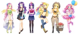 Size: 1500x667 | Tagged: anime, apple, applejack, artist:eminya, balloon, belly button, book, boots, breasts, cleavage, clothes, cowboy hat, cute, derpibooru import, dress, female, fluttershy, food, hat, high heels, horned humanization, human, humanized, mane six, mare, midriff, one eye closed, pantyhose, pinkie pie, pleated skirt, rainbow dash, rarity, safe, shoes, shorts, short shirt, simple background, skirt, socks, stetson, striped socks, thigh highs, twilight sparkle, white background, winged humanization, wings, wink