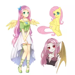 Size: 800x800 | Tagged: safe, artist:eminya, derpibooru import, fluttershy, bat pony, human, pegasus, pony, anime, breasts, cleavage, clothes, female, flutterbat, humanized, mare, race swap, self ponidox, simple background, white background, winged humanization, wings