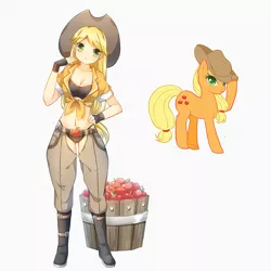 Size: 800x800 | Tagged: suggestive, artist:eminya, derpibooru import, applejack, earth pony, human, pony, anime, apple, belly button, boots, breasts, chaps, cleavage, clothes, cute, female, food, humanized, jackabetes, mare, midriff, pixiv, self ponidox, shoes, simple background, white background