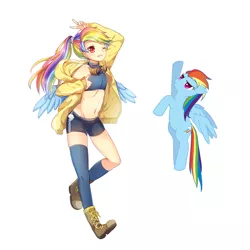 Size: 800x800 | Tagged: safe, artist:eminya, derpibooru import, rainbow dash, human, pegasus, pony, alternate hairstyle, anime, belly button, boots, clothes, female, goggles, humanized, kneesocks, mare, midriff, one eye closed, self ponidox, shoes, shorts, simple background, socks, sports bra, sports shorts, white background, winged humanization, wings, wink