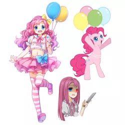 Size: 800x800 | Tagged: safe, artist:eminya, derpibooru import, pinkie pie, earth pony, human, pony, anime, balloon, belly button, clothes, female, humanized, knife, mare, midriff, open mouth, pinkamena diane pie, pixiv, self ponidox, shoes, simple background, socks, striped socks, white background