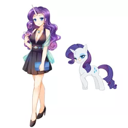 Size: 800x800 | Tagged: safe, artist:eminya, derpibooru import, rarity, human, pony, unicorn, anime, breasts, cleavage, clothes, dress, female, glass, glasses, high heels, horned humanization, humanized, jewelry, mare, necklace, purse, self ponidox, shoes, simple background, white background, wine glass