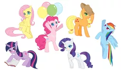 Size: 1200x713 | Tagged: applejack, artist:eminya, balloon, book, clothes, derpibooru import, fluttershy, mane six, pinkie pie, rainbow dash, rarity, safe, simple background, twilight sparkle, white background