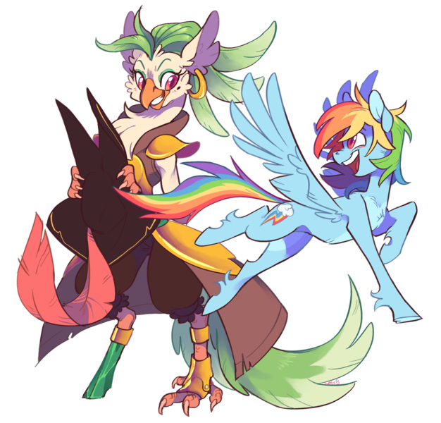 Size: 1280x1226 | Tagged: safe, artist:xenon, derpibooru import, captain celaeno, rainbow dash, anthro, parrot pirates, pegasus, pony, my little pony: the movie, amputee, anthro with ponies, bipedal, celaenodash, duo, ear piercing, female, flying, hat, looking at each other, mare, peg leg, piercing, pirate, prosthetic leg, prosthetic limb, prosthetics, simple background, smiling, spread wings, transparent background, unshorn fetlocks, wings