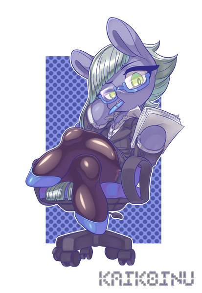 Size: 2064x3000 | Tagged: safe, artist:kaikoinu, derpibooru import, limestone pie, earth pony, pony, semi-anthro, chair, clothes, cute, female, glasses, mare, mouth hold, pantyhose, paper, pen, secretary, shirt, shoes, simple background, sitting, skirt, socks, solo, stockings, thigh highs, white background