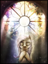 Size: 870x1150 | Tagged: safe, artist:ventious, derpibooru import, fluttershy, pegasus, pony, backlighting, crepuscular rays, dark, eyes closed, kindness, sad, seven heavenly virtues, solo, stained glass