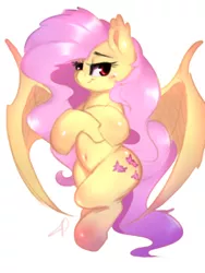 Size: 900x1200 | Tagged: safe, artist:moondreamer16, derpibooru import, fluttershy, bat pony, pony, female, flutterbat, looking at you, mare, race swap, simple background, smiling, solo, white background