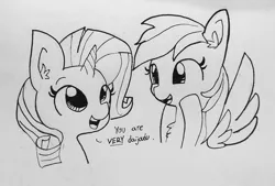 Size: 1610x1089 | Tagged: safe, artist:tjpones, derpibooru import, rainbow dash, rarity, pegasus, pony, unicorn, black and white, bust, chest fluff, dialogue, ear fluff, female, grayscale, inktober, japanese, lesbian, lineart, mare, monochrome, open mouth, raridash, shipping, simple background, smiling, traditional art, white background