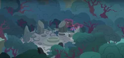 Size: 1218x576 | Tagged: safe, derpibooru import, screencap, starlight glimmer, sunburst, twilight sparkle, twilight sparkle (alicorn), alicorn, pony, shadow play, forest, magic, night, ponehenge, ruins, stone, telekinesis