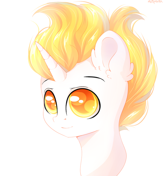 Size: 1300x1400 | Tagged: safe, artist:mitralexa, derpibooru import, oc, unofficial characters only, pony, unicorn, bust, ear fluff, eyebrows, looking up, portrait, signature, simple background, smiling, solo, white background