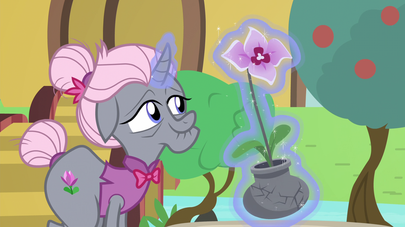 Size: 1920x1080 | Tagged: safe, derpibooru import, screencap, old gardener, pony, unicorn, shadow play, bowtie, clothes, curved horn, elderly, female, flower, glowing horn, hair bun, levitation, magic, mare, mistmane's flower, potted plant, shirt, tail bun, telekinesis, tree