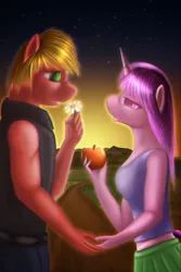 Size: 4668x7000 | Tagged: safe, artist:bluenight01, derpibooru import, big macintosh, sugar belle, anthro, earth pony, unicorn, hard to say anything, absurd resolution, apple, female, flower, food, male, mare, shipping, stallion, straight, sugarmac