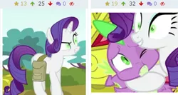 Size: 425x226 | Tagged: safe, derpibooru import, screencap, rarity, spike, dragon, pony, unicorn, derpibooru, inspiration manifestation, cropped, duality, female, juxtaposition, juxtaposition win, male, mare, meme, meta, self ponidox, this will end in tears, upset