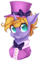 Size: 911x1346 | Tagged: safe, artist:shiromidorii, derpibooru import, oc, oc:circus legend, unofficial characters only, pony, unicorn, bowtie, bust, clothes, hat, male, portrait, simple background, solo, stallion, top hat, transparent background