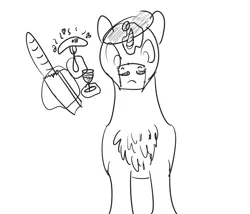Size: 2100x1800 | Tagged: safe, artist:ononim, derpibooru import, oc, oc:jean pierre, ponified, unofficial characters only, pony, unicorn, alcohol, andouillette, baguette, beanie, bread, chest fluff, facial hair, flies, food, fork, french, glass, hat, irc, magic, magic aura, male, meat, moustache, sausage, simple background, sketch, smelly, solo, stallion, surprised, white background, wine, wine glass