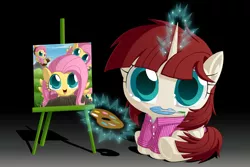 Size: 3000x2000 | Tagged: safe, artist:berrypawnch, derpibooru import, fluttershy, oc, oc:fausticorn, alicorn, pegasus, pony, alicorn oc, berrypawnch is trying to murder us, berrypawnch murdered us, bob ross, chibi, clothes, cute, feather, female, flutterforest, fluttertree, glowing horn, happy little trees, levitation, magic, mare, mouth hold, multeity, painting, palette, quill, shyabetes, so much flutter, telekinesis