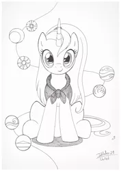 Size: 759x1073 | Tagged: safe, artist:sherwoodwhisper, derpibooru import, oc, oc:eri, unofficial characters only, pony, unicorn, cape, clothes, female, inktober, inktober 2017, looking at you, monochrome, planet, solo, traditional art