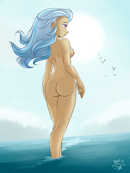 Size: 1800x2400 | Tagged: questionable, artist:ponut_joe edit, derpibooru import, edit, trixie, bird, human, equestria girls, ass, beautiful, breasts, eyeshadow, female, flowing hair, human coloration, humanized, makeup, nipples, nude edit, nudity, solo, solo female, the great and powerful ass, water