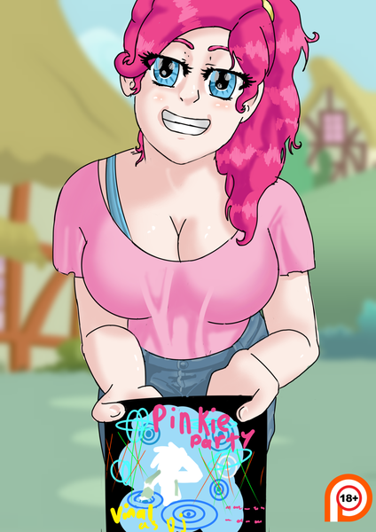 Size: 1024x1448 | Tagged: artist:konfettimayhem, breasts, cleavage, comic, comic:seven minutes in heaven, derpibooru import, female, grin, human, humanized, invitation, looking at you, patreon, patreon logo, pinkie pie, smiling, solo, solo female, suggestive