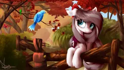 Size: 2560x1440 | Tagged: safe, artist:aurelleah, derpibooru import, oc, oc:aurelia freefeather, oc:aurelleah, oc:aurry, unofficial characters only, bird, pony, autumn, bow, chest fluff, clothes, commission, cute, ear fluff, fence, floppy ears, fluffy, forest, hair bow, happy, leaves, looking away, scarf, scenery, smiling, solo, tree